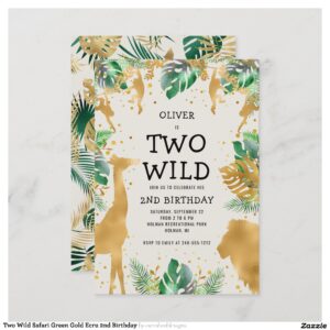 Two Wild Safari Green Gold Ecru 2nd Birthday Invitation