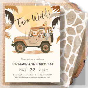 Two Wild Safari Jungle Animals 2nd Birthday Invitation