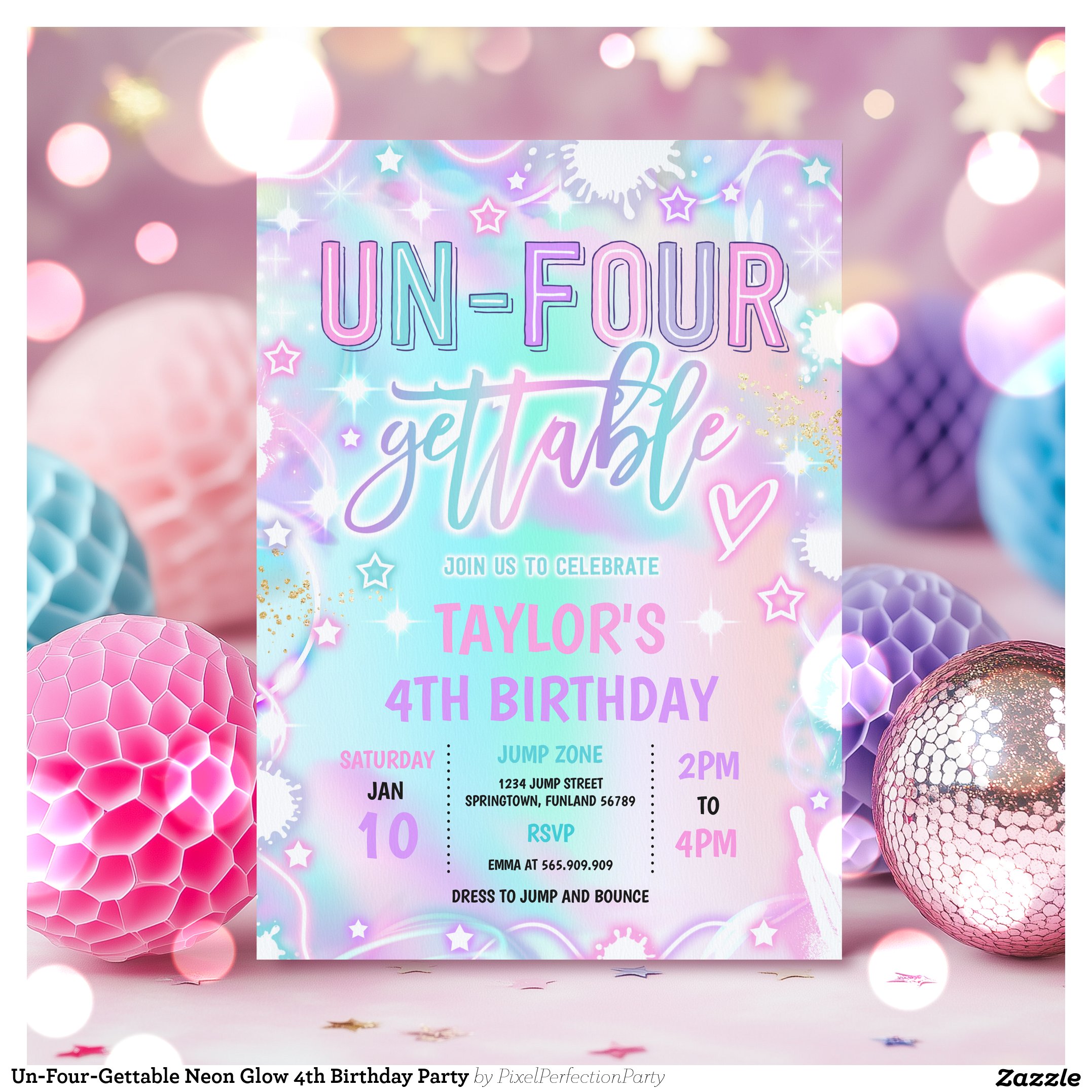 Un-Four-Gettable Neon Glow 4th Birthday Party Invitation