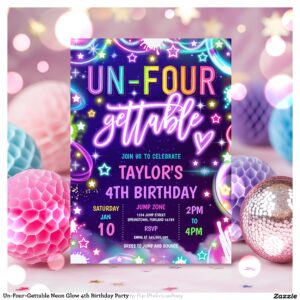 Un-Four-Gettable Neon Glow 4th Birthday Party Invitation
