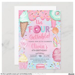 Un-four-gettable sweets girl 4th birthday invite. invitation