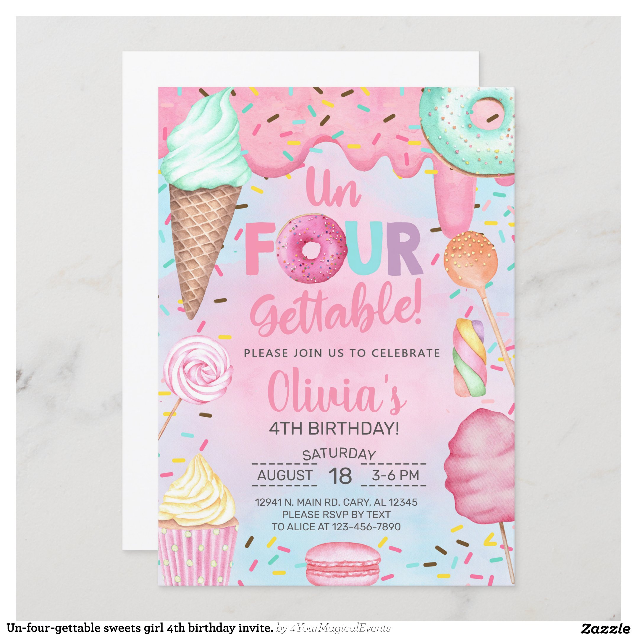 Un-four-gettable sweets girl 4th birthday invite. invitation
