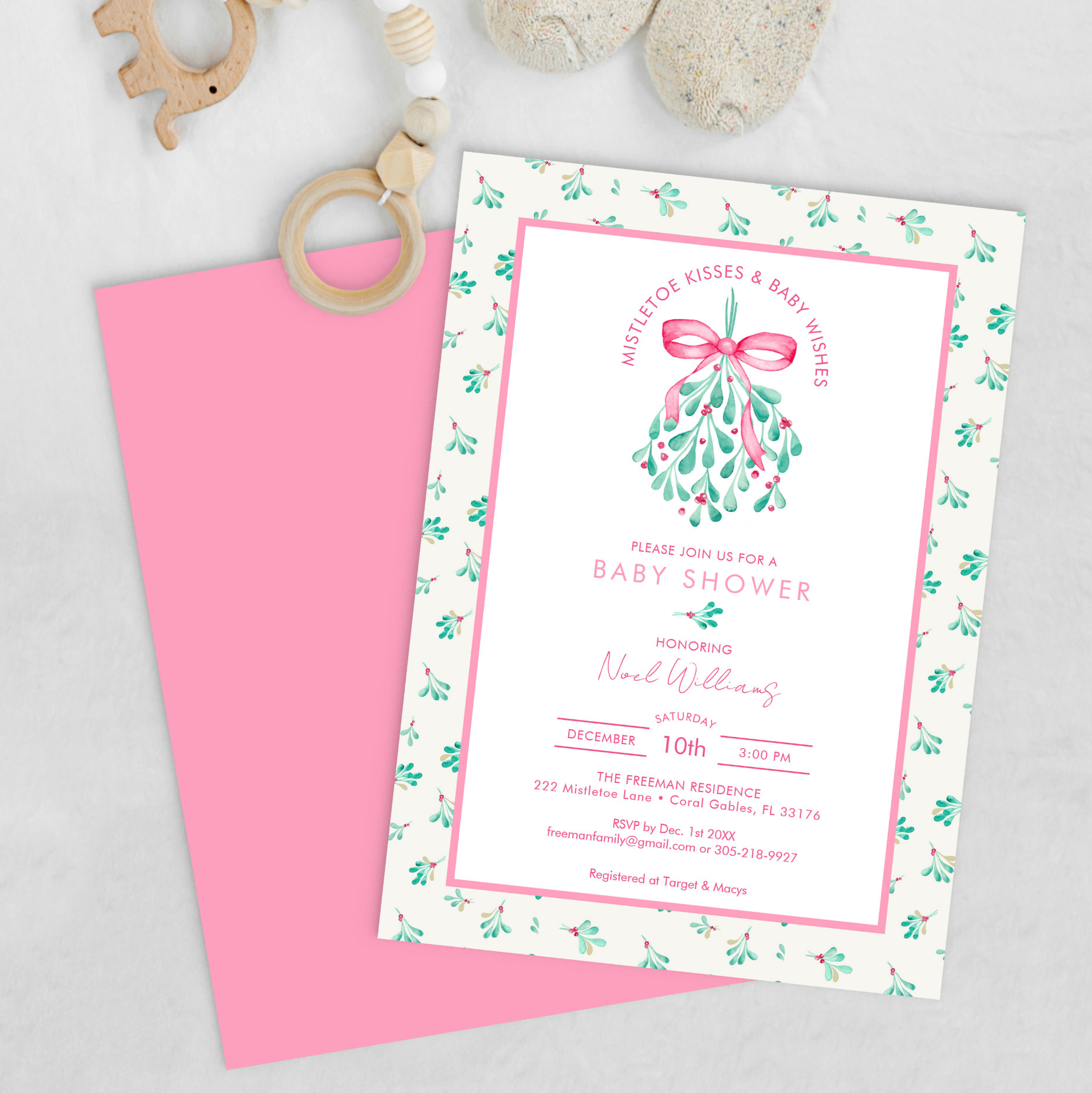 Under The Mistletoe Christmas Girl Baby Shower Invitation