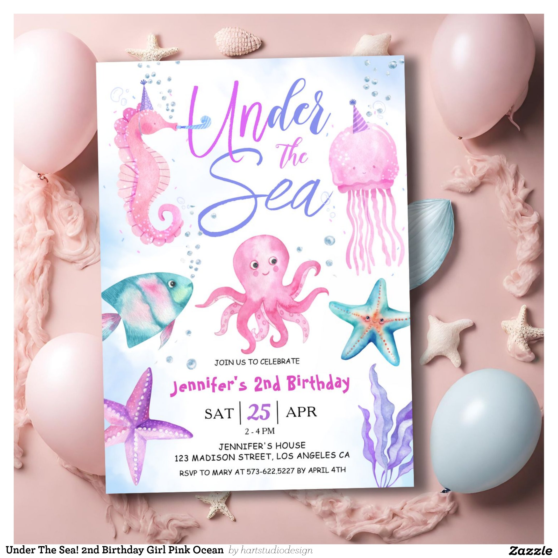 Under The Sea! 2nd Birthday Girl Pink Ocean Invitation