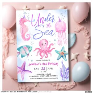 Under The Sea! 3rd Birthday Girl Pink Ocean Invitation