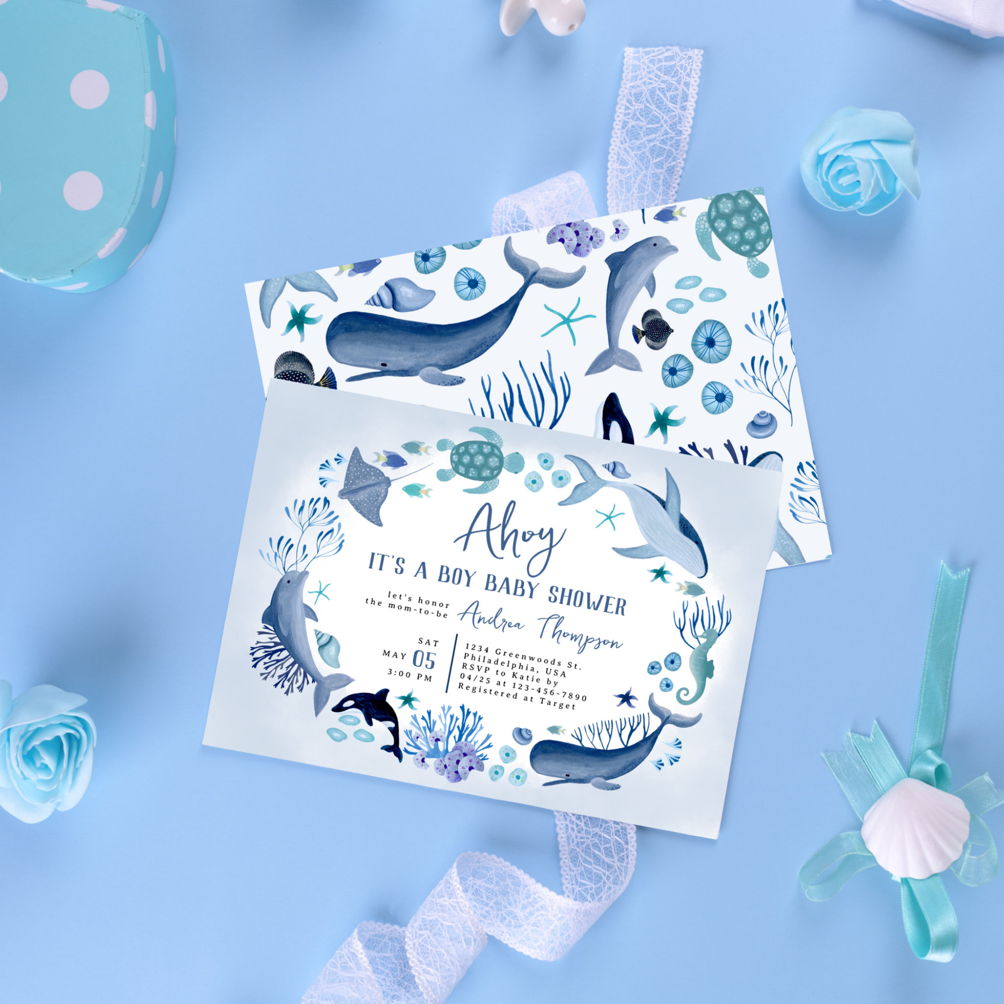 Under the Sea Blue Ahoy It's a Boy Baby Shower Invitation