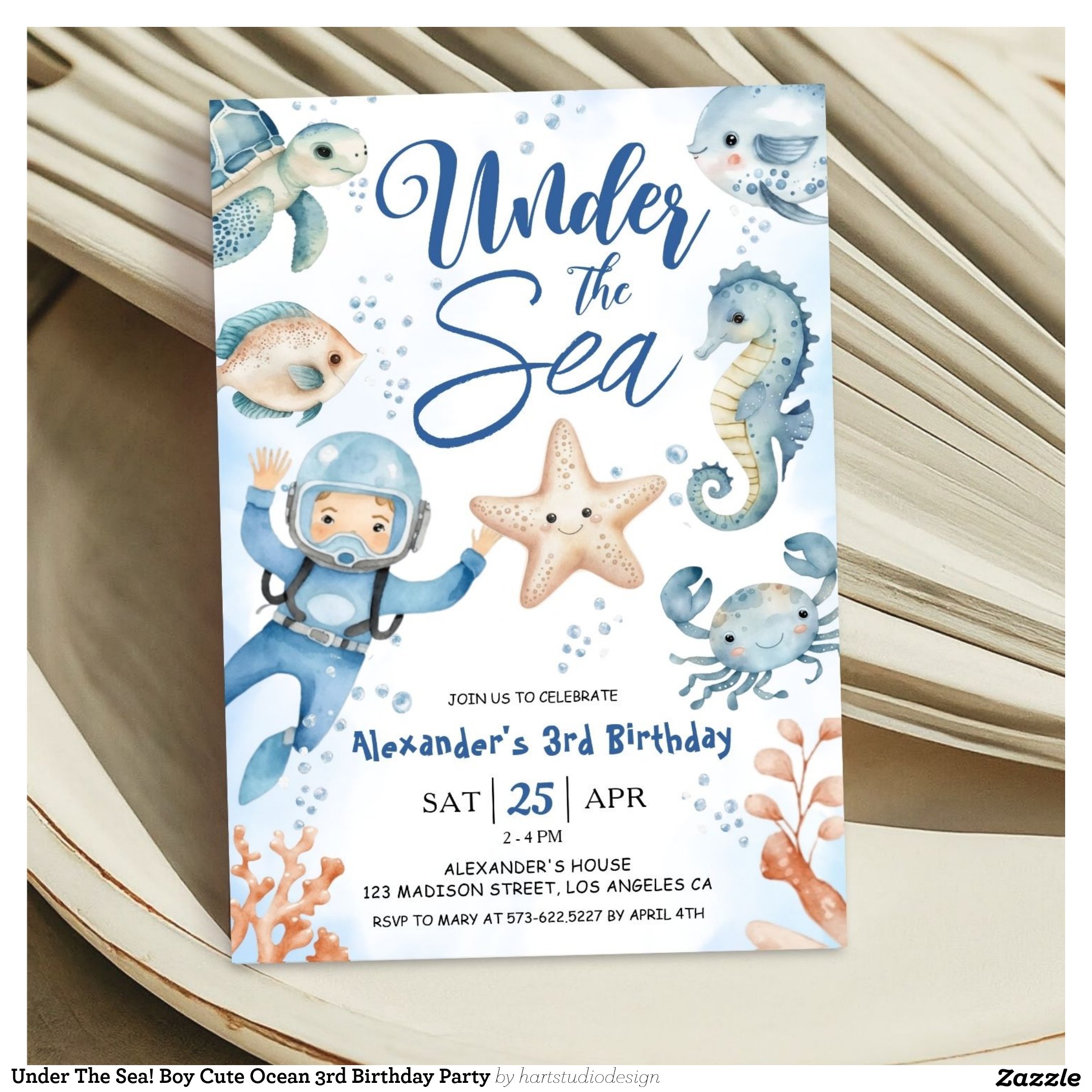 Under The Sea! Boy Cute Ocean 3rd Birthday Party Invitation