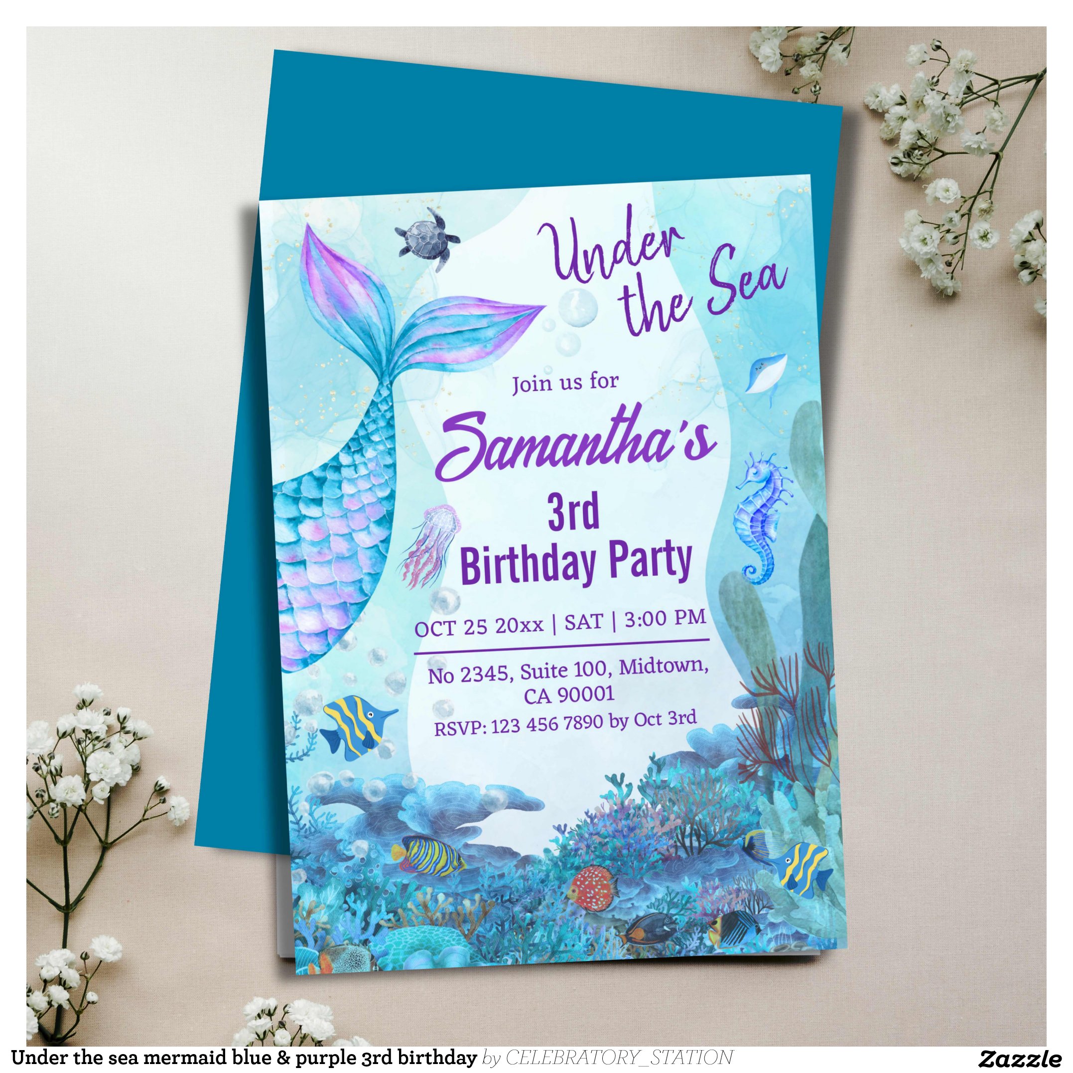 Under the sea mermaid blue & purple 3rd birthday invitation