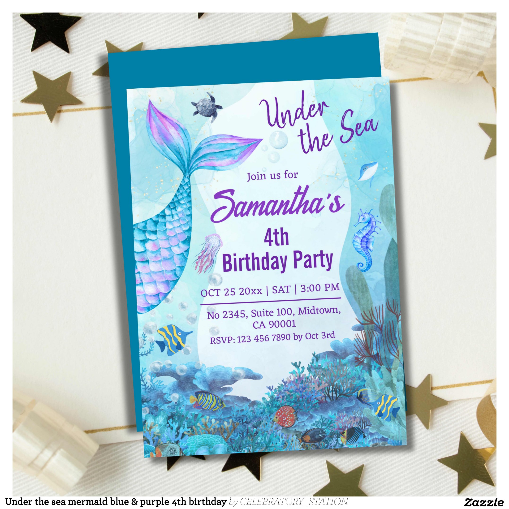 Under the sea mermaid blue & purple 4th birthday invitation