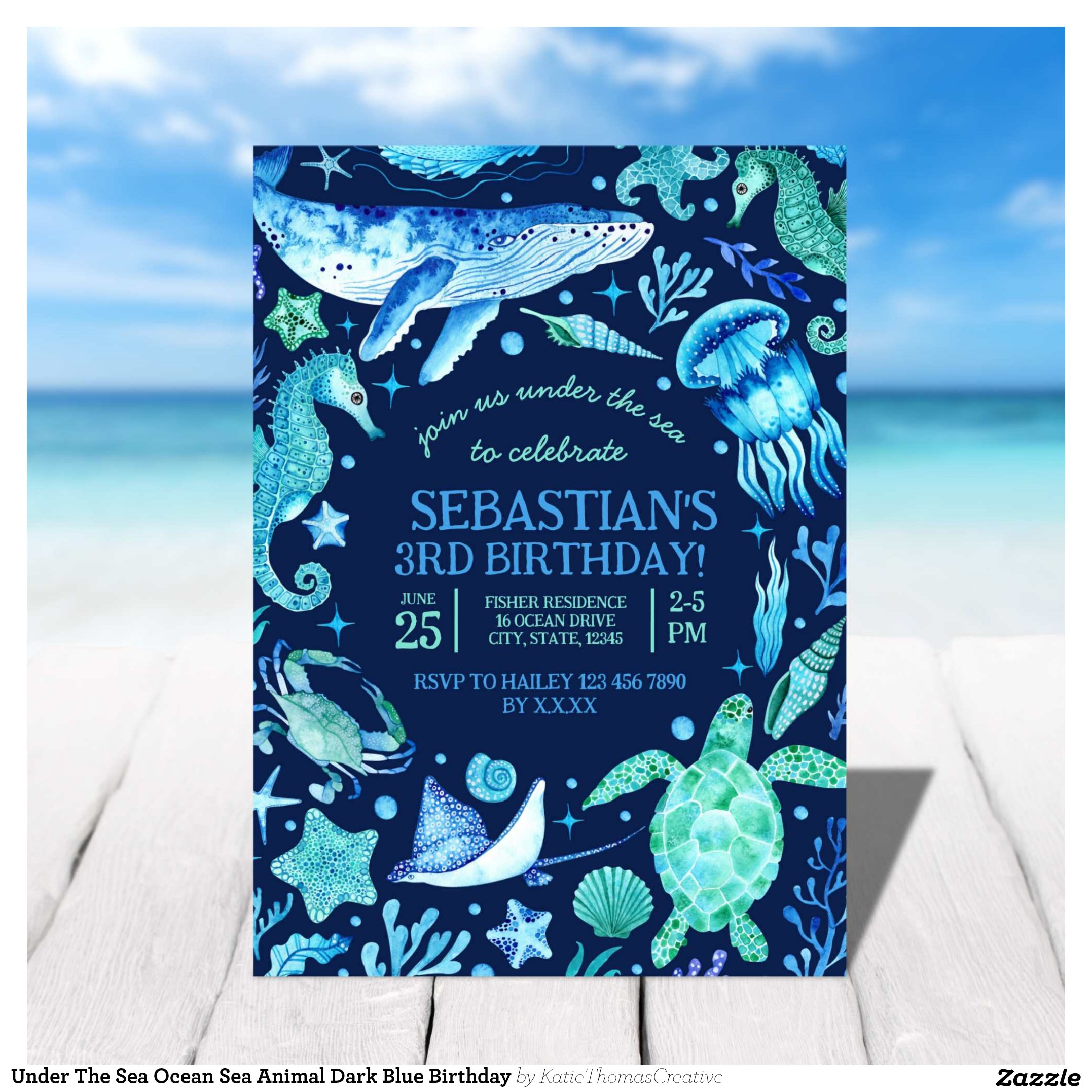 Under The Sea Ocean Sea Animal Dark Blue Birthday Invitation
