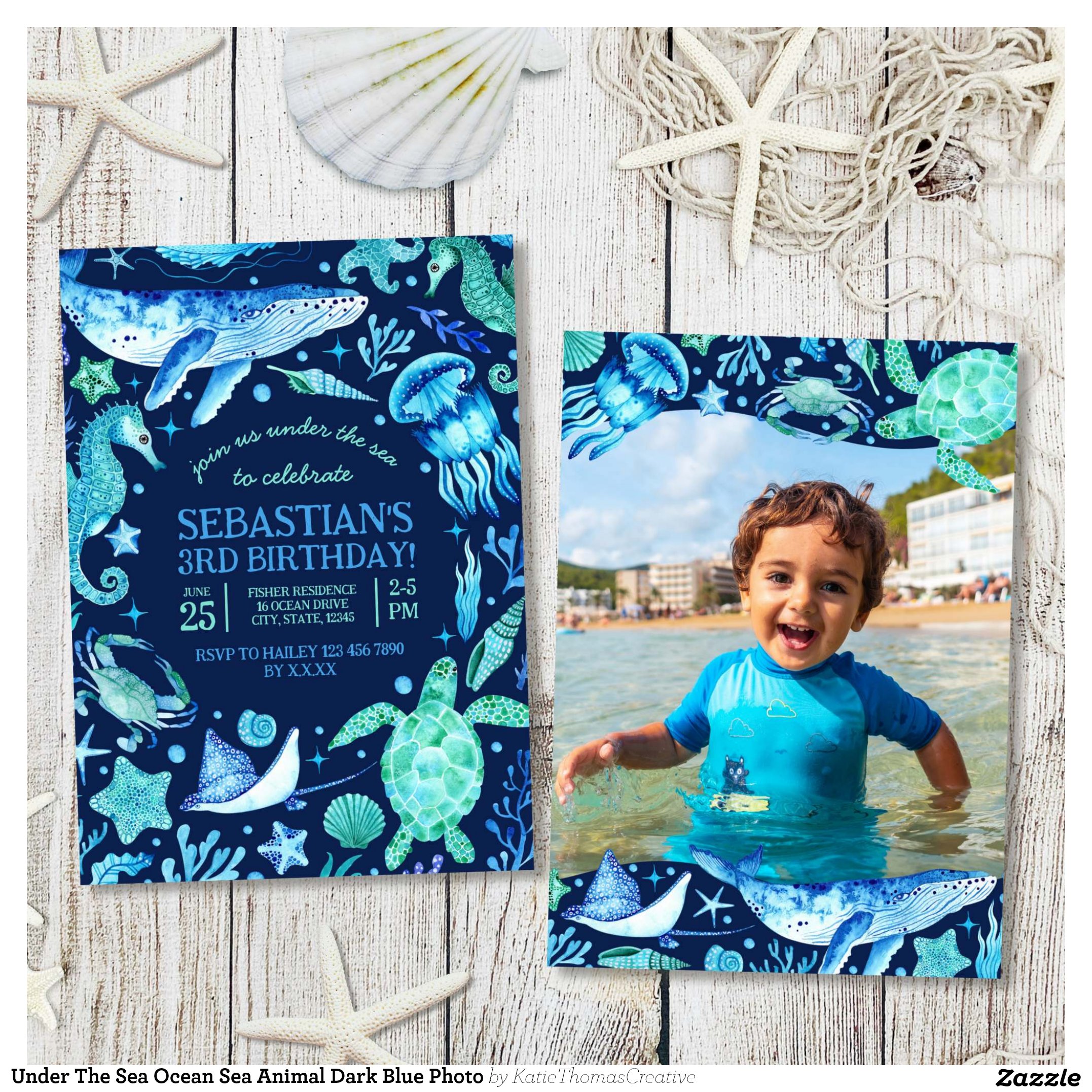 Under The Sea Ocean Sea Animal Dark Blue Photo Invitation