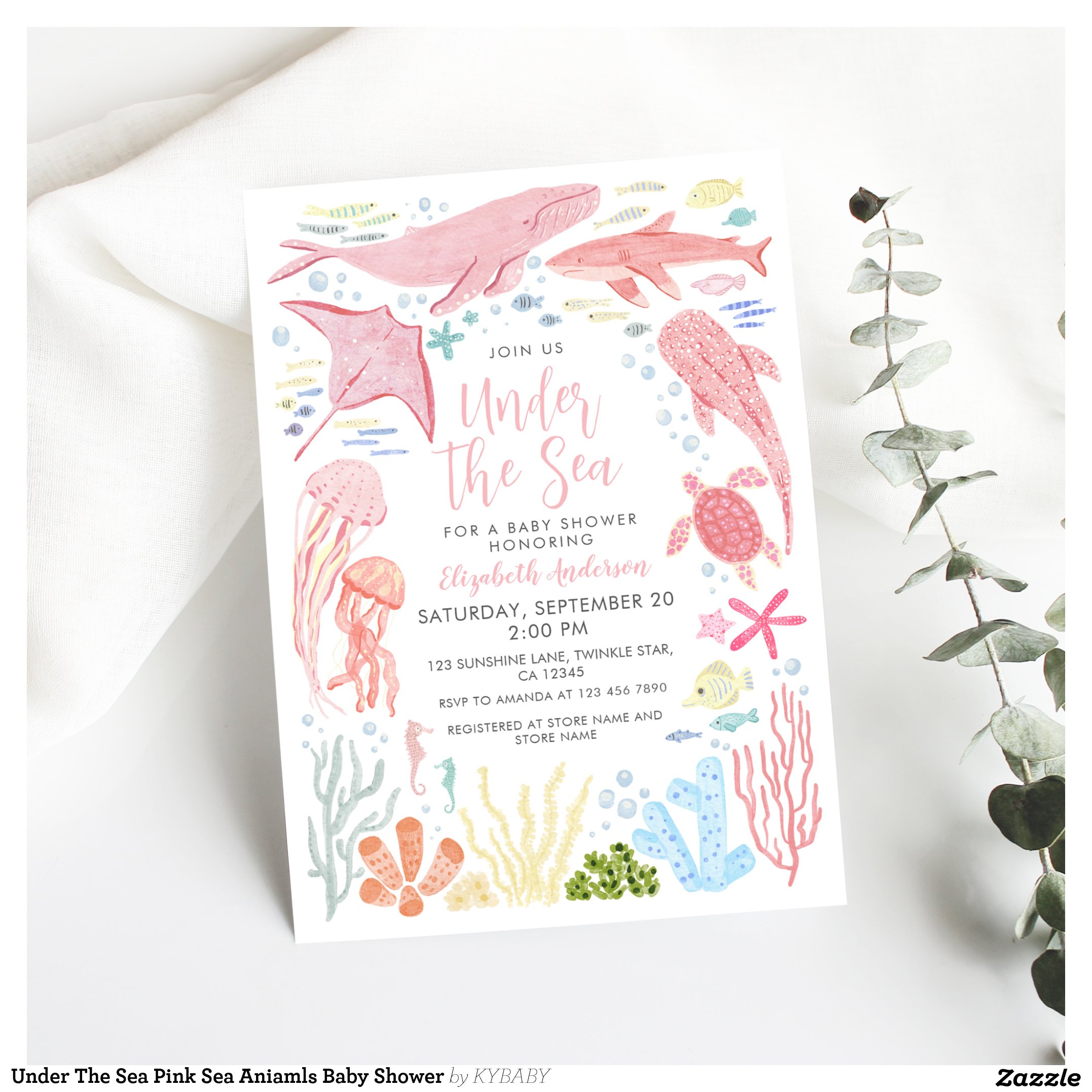 Under The Sea Pink Sea Aniamls Baby Shower Invitation