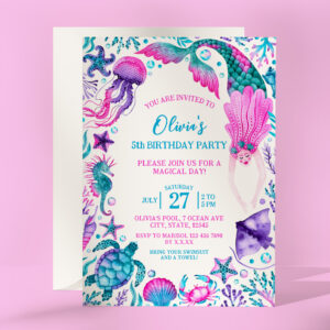 Under the Sea Watercolor Mermaid Birthday Party Invitation