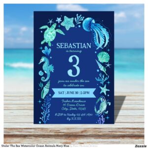 Under The Sea Watercolor Ocean Animals Navy Blue Invitation