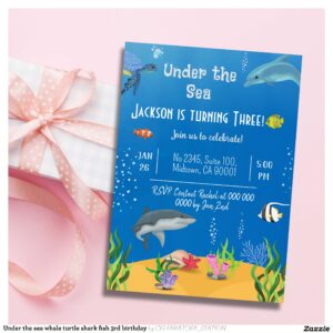Under the sea whale turtle shark fish 3rd birthday invitation