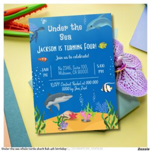 Under the sea whale turtle shark fish 4th birthday invitation