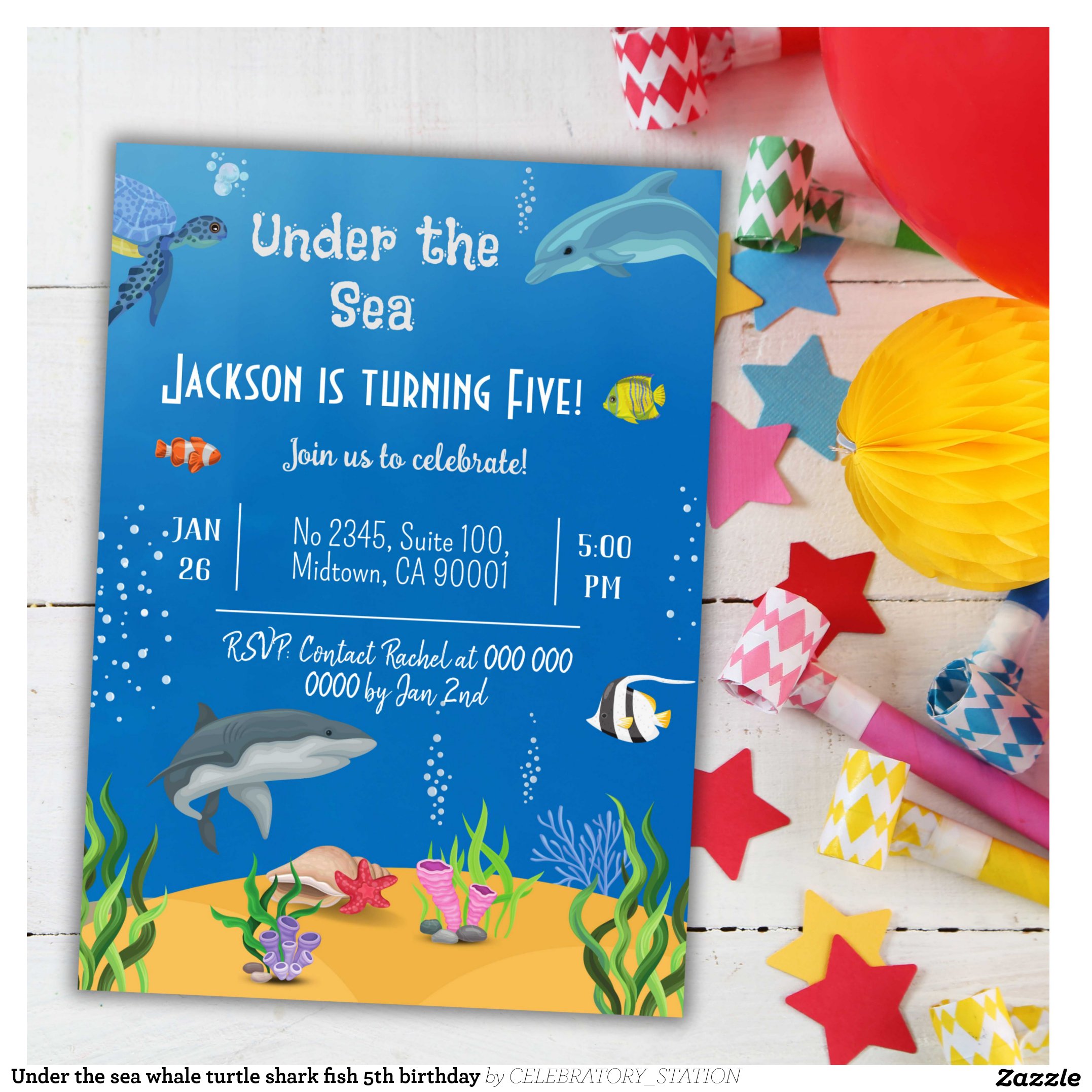 Under the sea whale turtle shark fish 5th birthday invitation