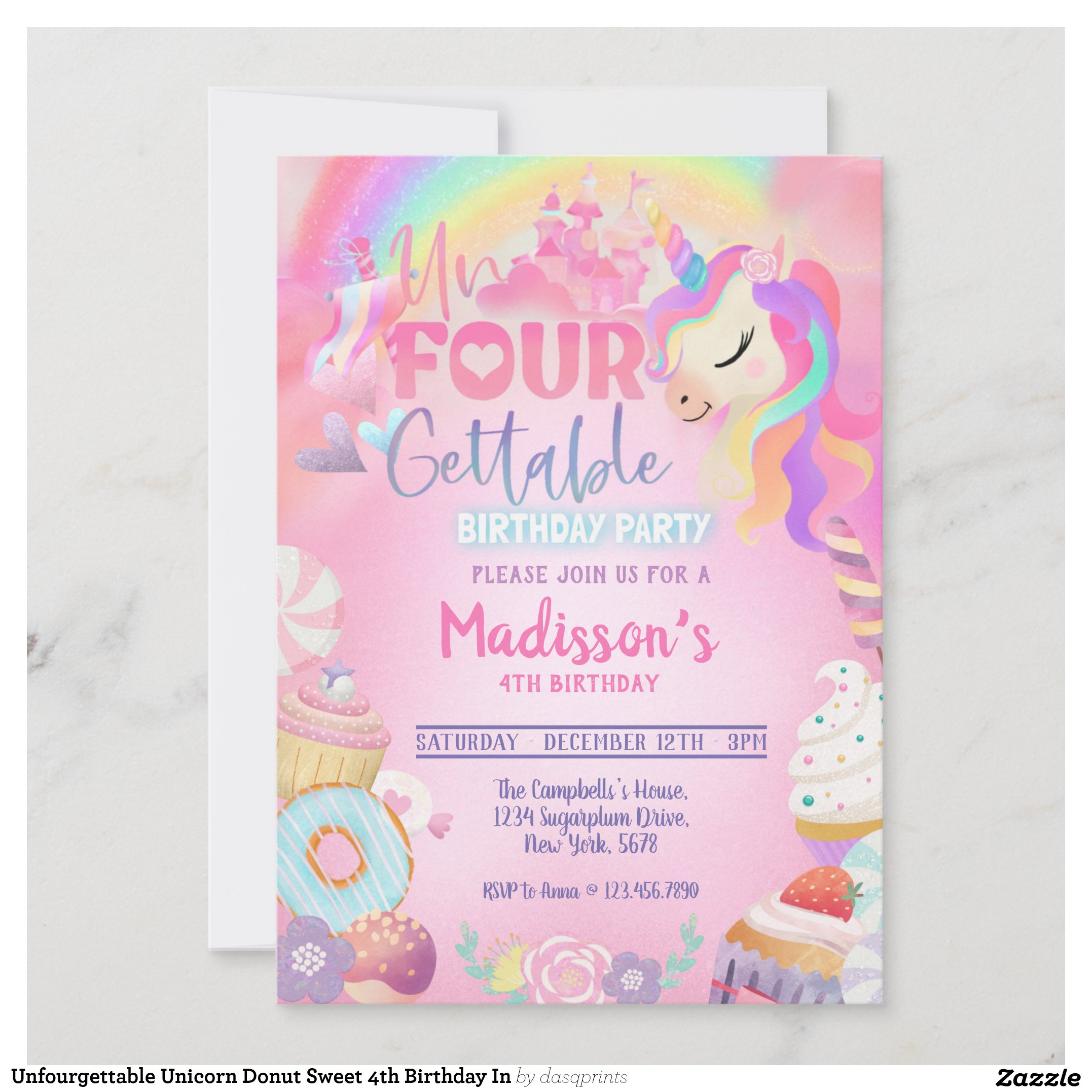 Unfourgettable Unicorn Donut Sweet 4th Birthday In Invitation