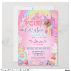 Unfourgettable Unicorn Sweet Girl 4th Birthday Invitation