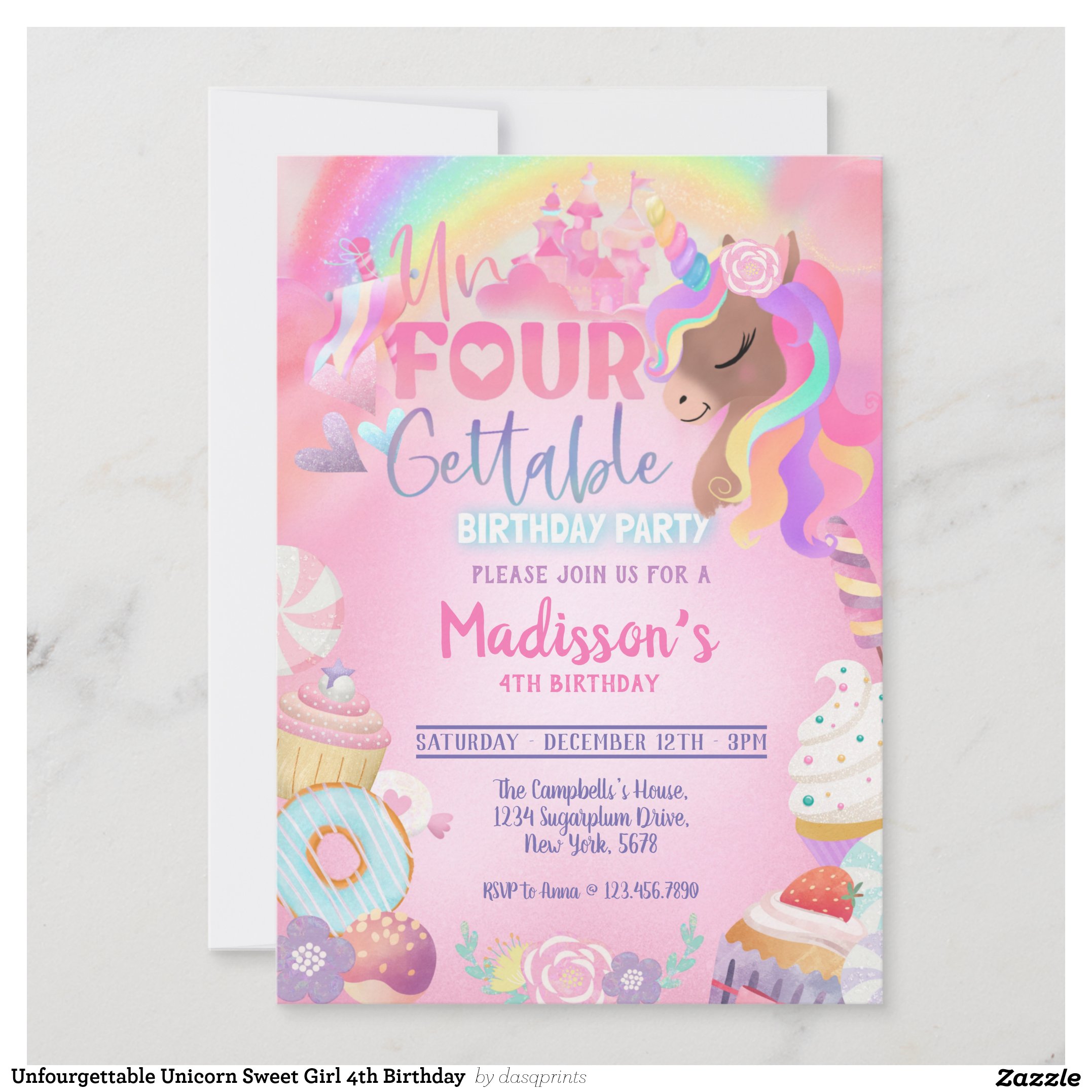 Unfourgettable Unicorn Sweet Girl 4th Birthday Invitation
