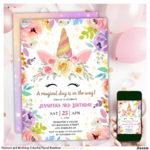 Unicorn 3rd Birthday Colorful Floral Rainbow Invitation