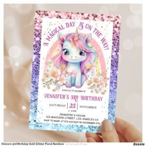 Unicorn 3rd Birthday Gold Glitter Floral Rainbow Invitation