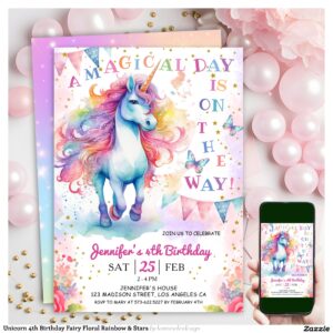 Unicorn 4th Birthday Fairy Floral Rainbow & Stars Invitation