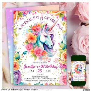 Unicorn 4th Birthday Floral Rainbow and Stars Invitation