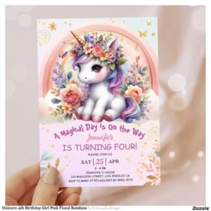 Unicorn 4th Birthday Girl Pink Floral Rainbow Invitation