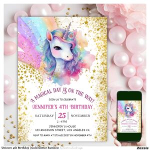 Unicorn 4th Birthday Gold Glitter Rainbow Invitation