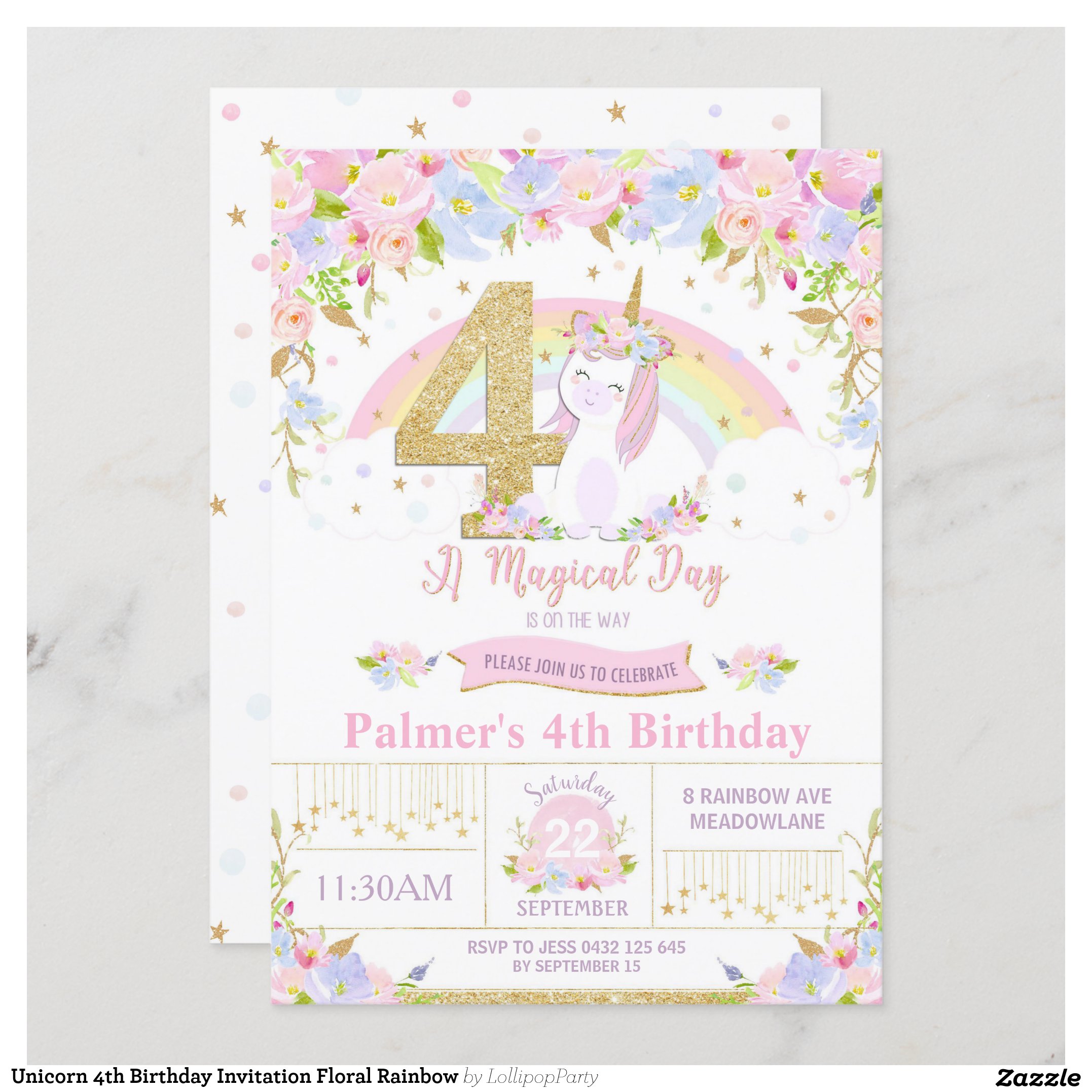 Unicorn 4th Birthday Invitation Floral Rainbow