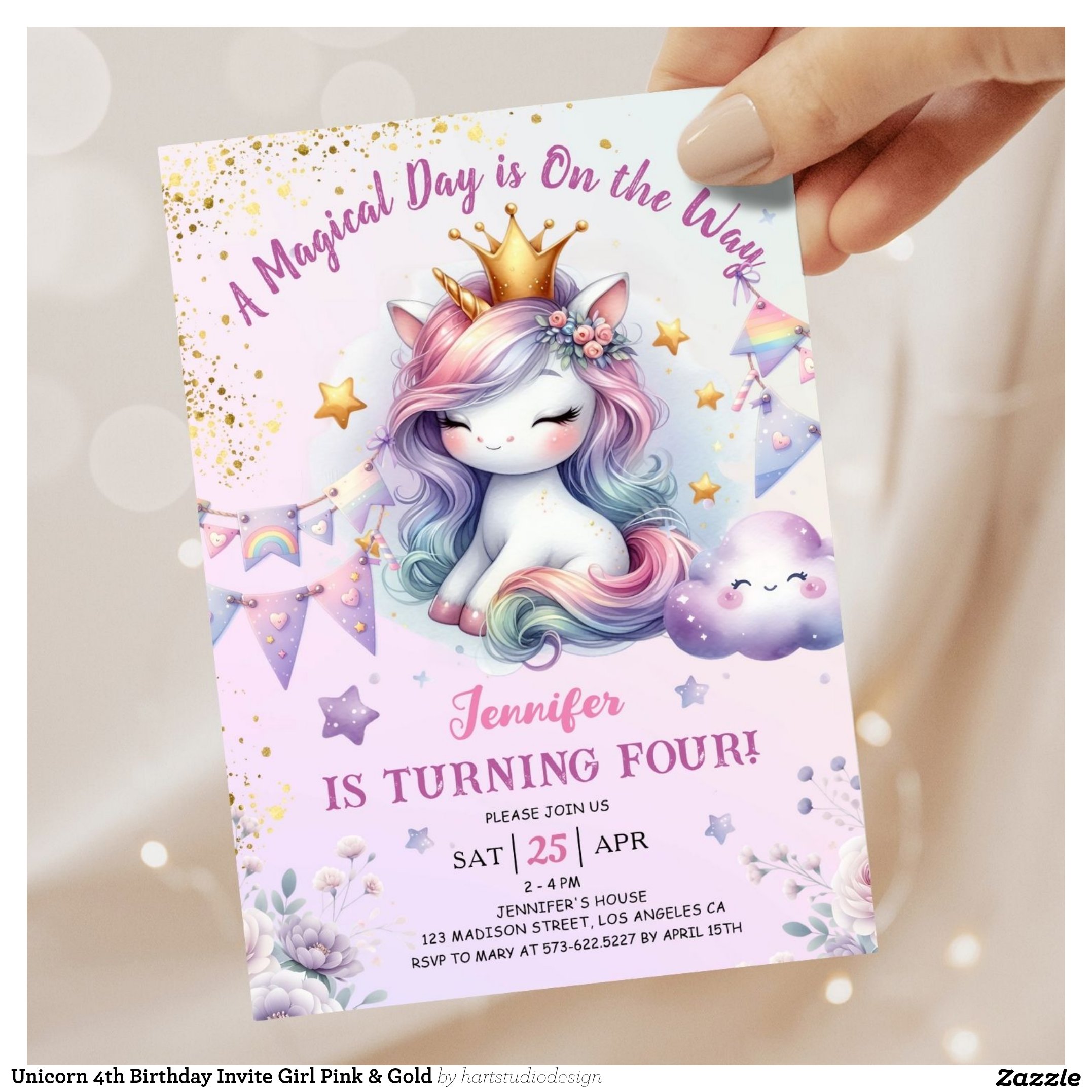 Unicorn 4th Birthday Invite Girl Pink & Gold
