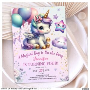 Unicorn 4th Birthday Invite Girl Purple & Gold