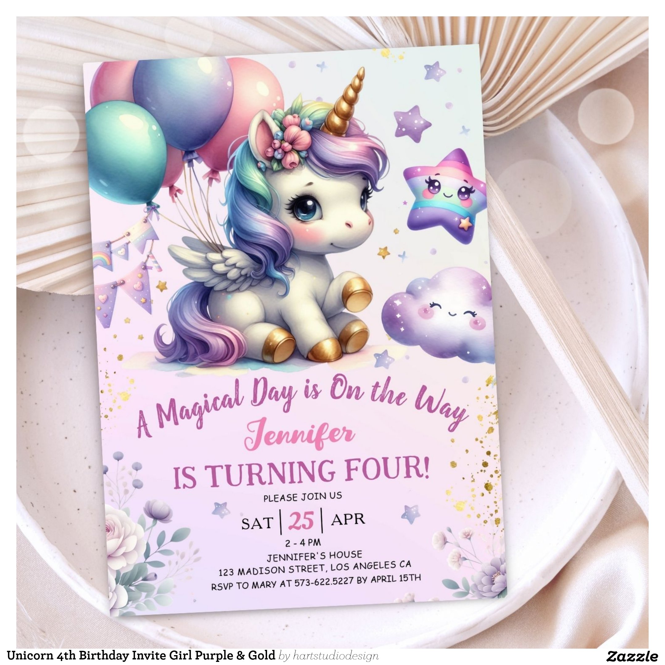 Unicorn 4th Birthday Invite Girl Purple & Gold