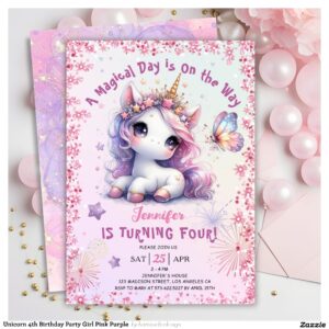 Unicorn 4th Birthday Party Girl Pink Purple Invitation