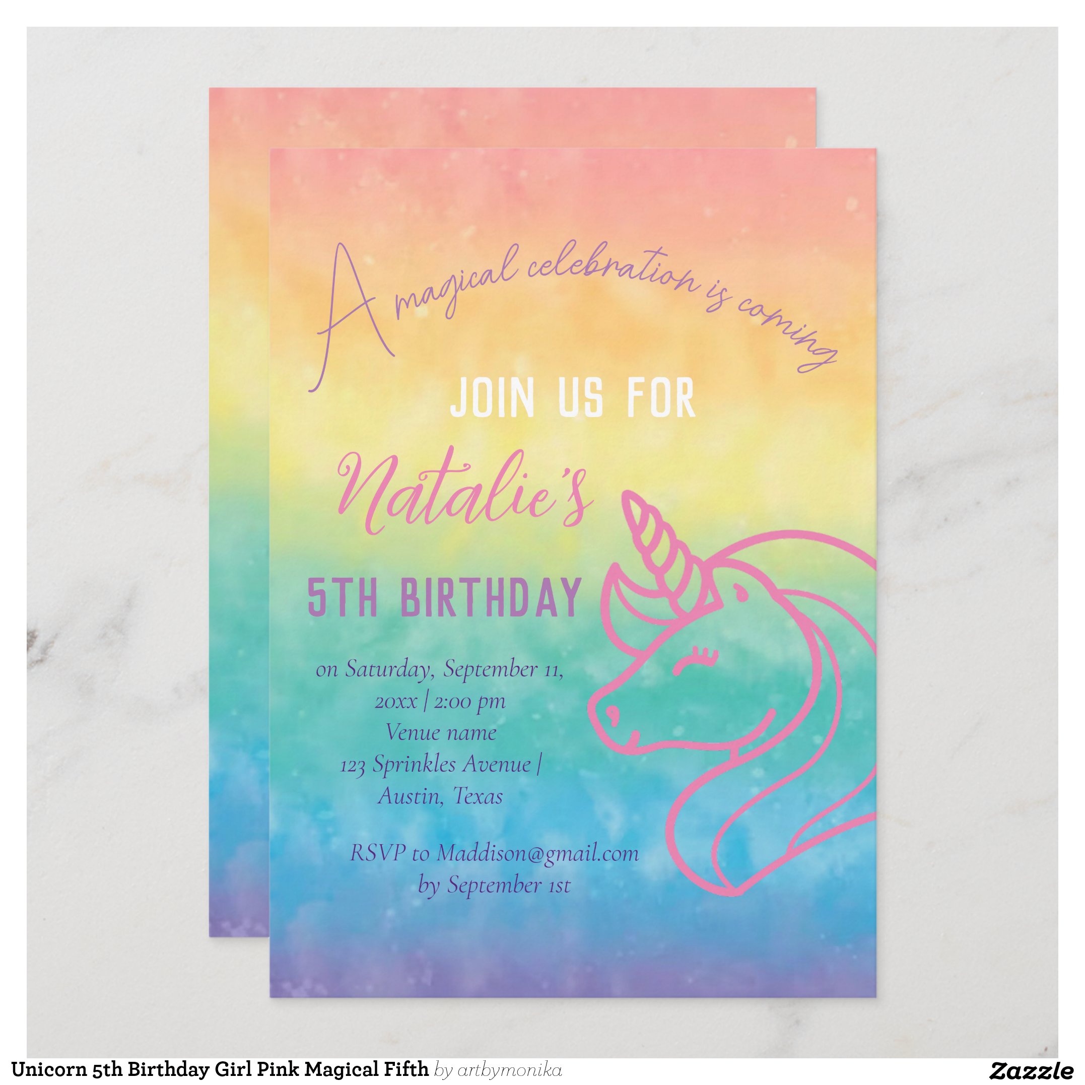 Unicorn 5th Birthday Girl Pink Magical Fifth Invitation