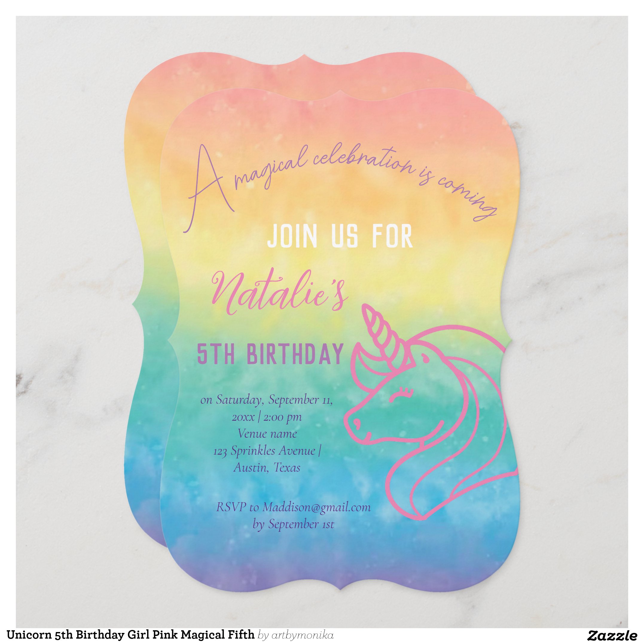 Unicorn 5th Birthday Girl Pink Magical Fifth Invitation