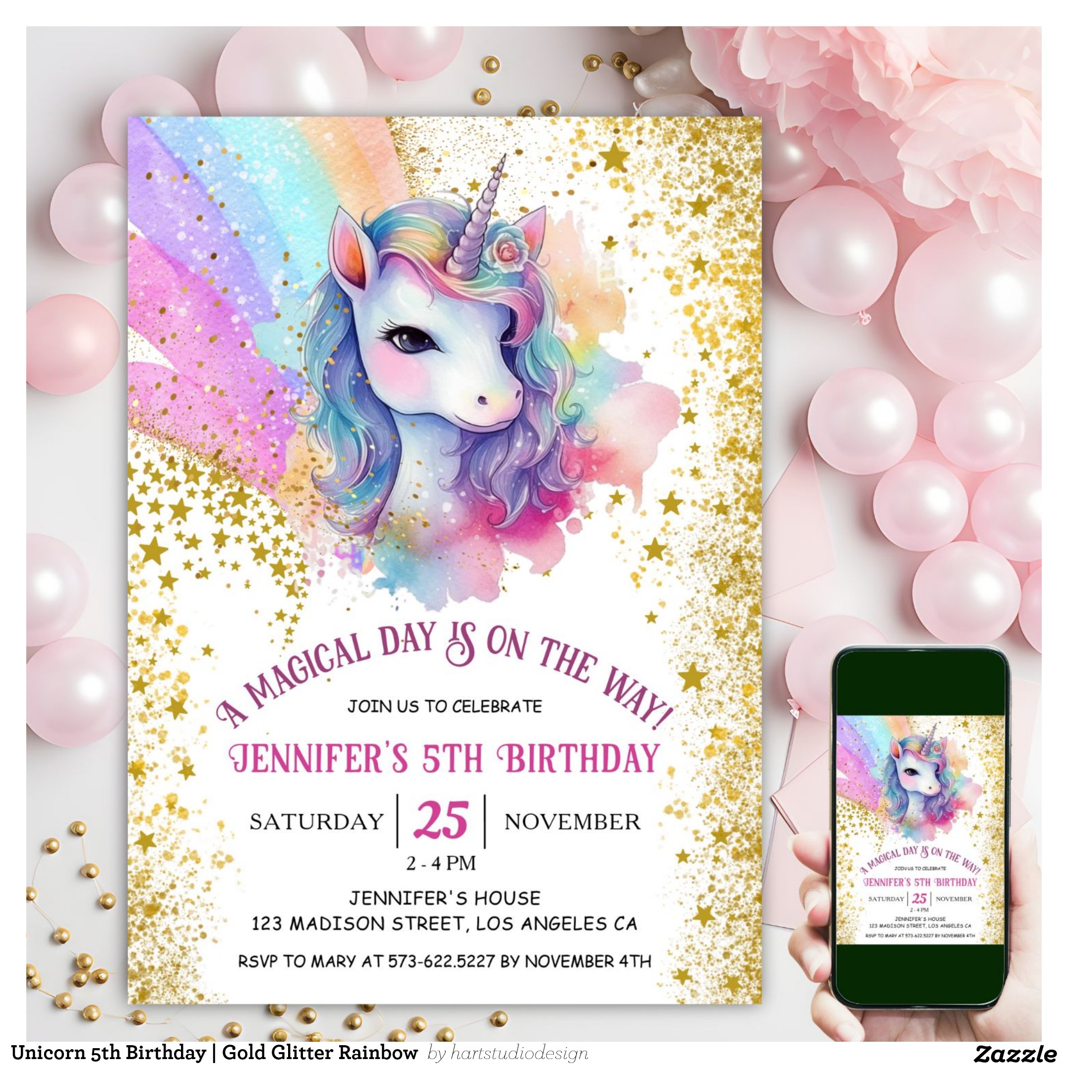 Unicorn 5th Birthday Gold Glitter Rainbow Invitation