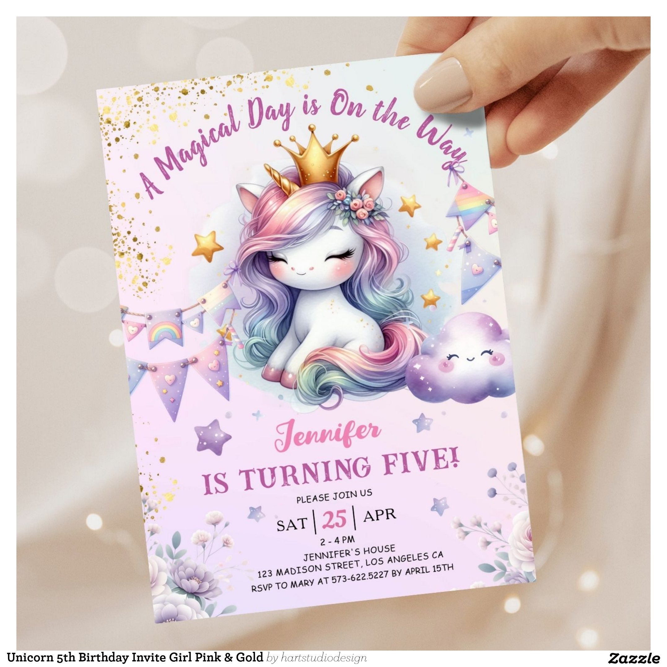 Unicorn 5th Birthday Invite Girl Pink & Gold