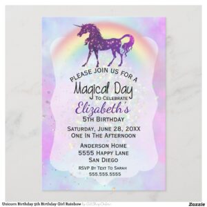 Unicorn Birthday 5th Birthday Girl Rainbow Invitation