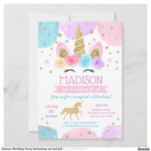 Unicorn Birthday Party Invitations 1st 2nd 3rd