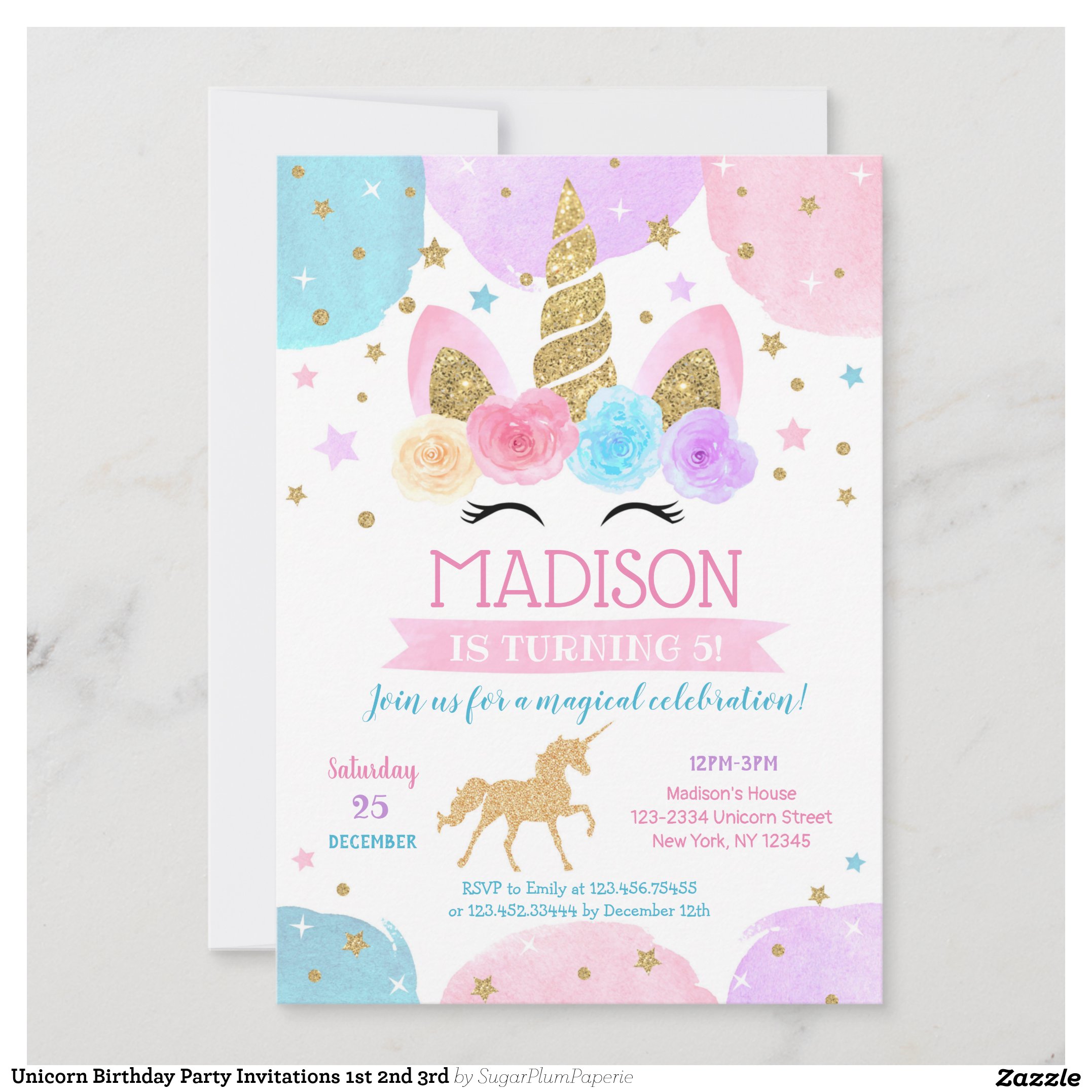 Unicorn Birthday Party Invitations 1st 2nd 3rd