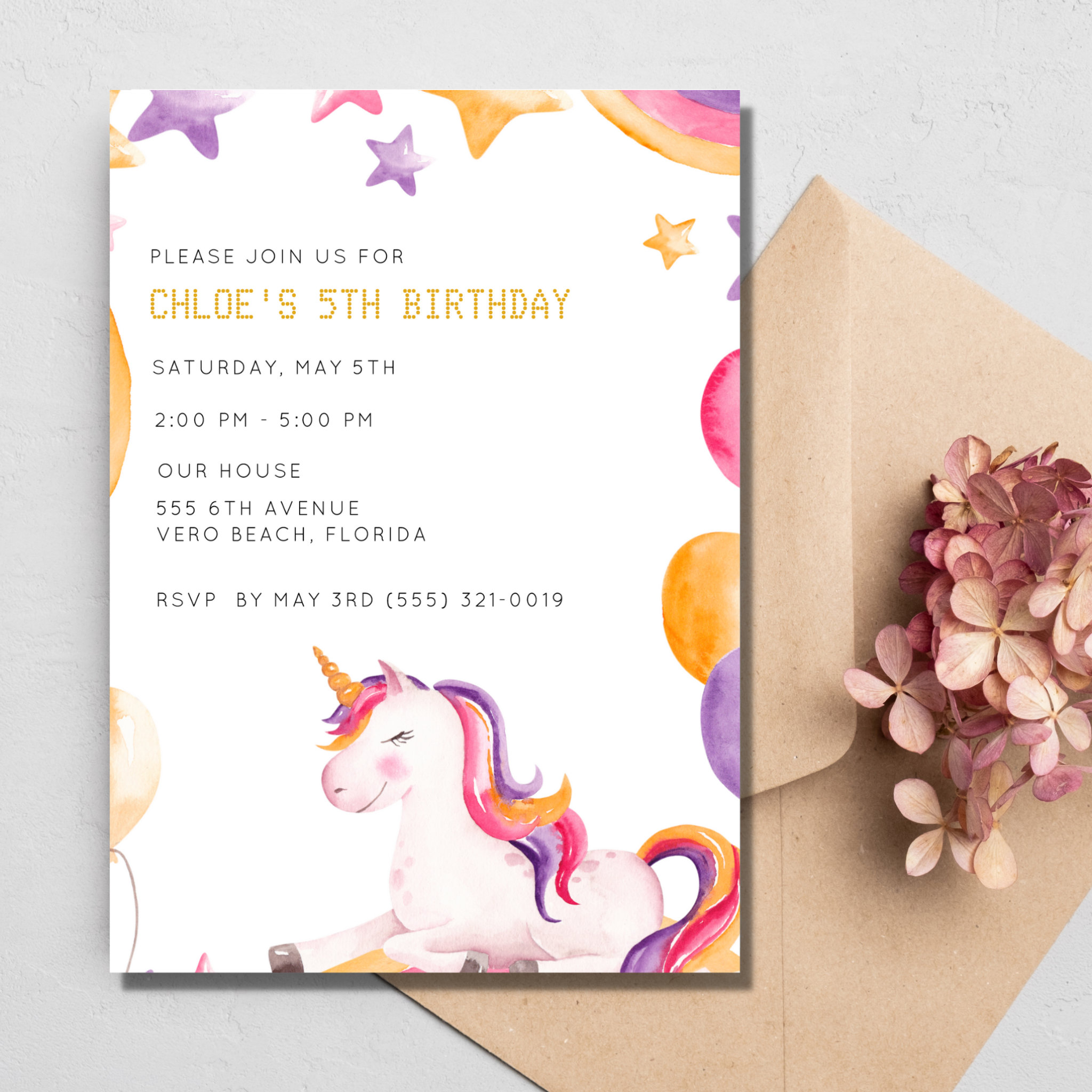 Unicorn Kids Girl 5th Birthday Party Invitation