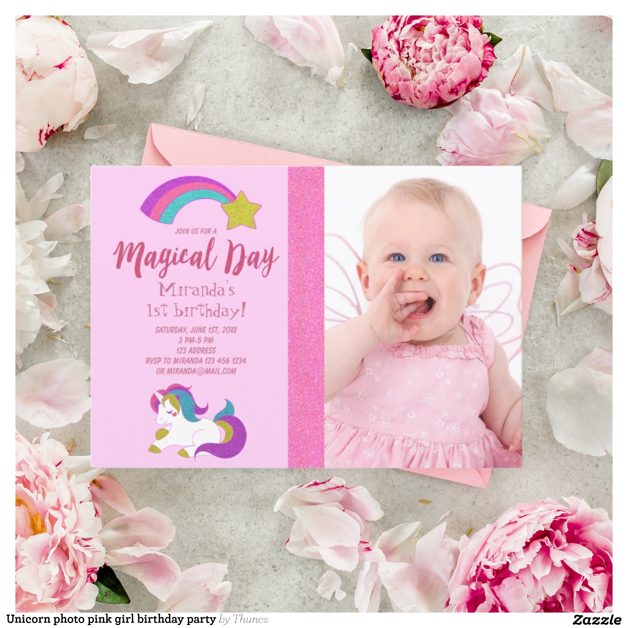 Unicorn photo pink girl birthday party invitation