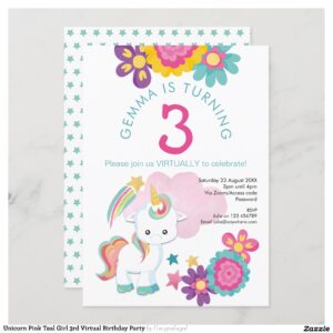 Unicorn Pink Teal Girl 3rd Virtual Birthday Party Invitation
