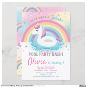Unicorn Pool Party Birthday Invitation Girls