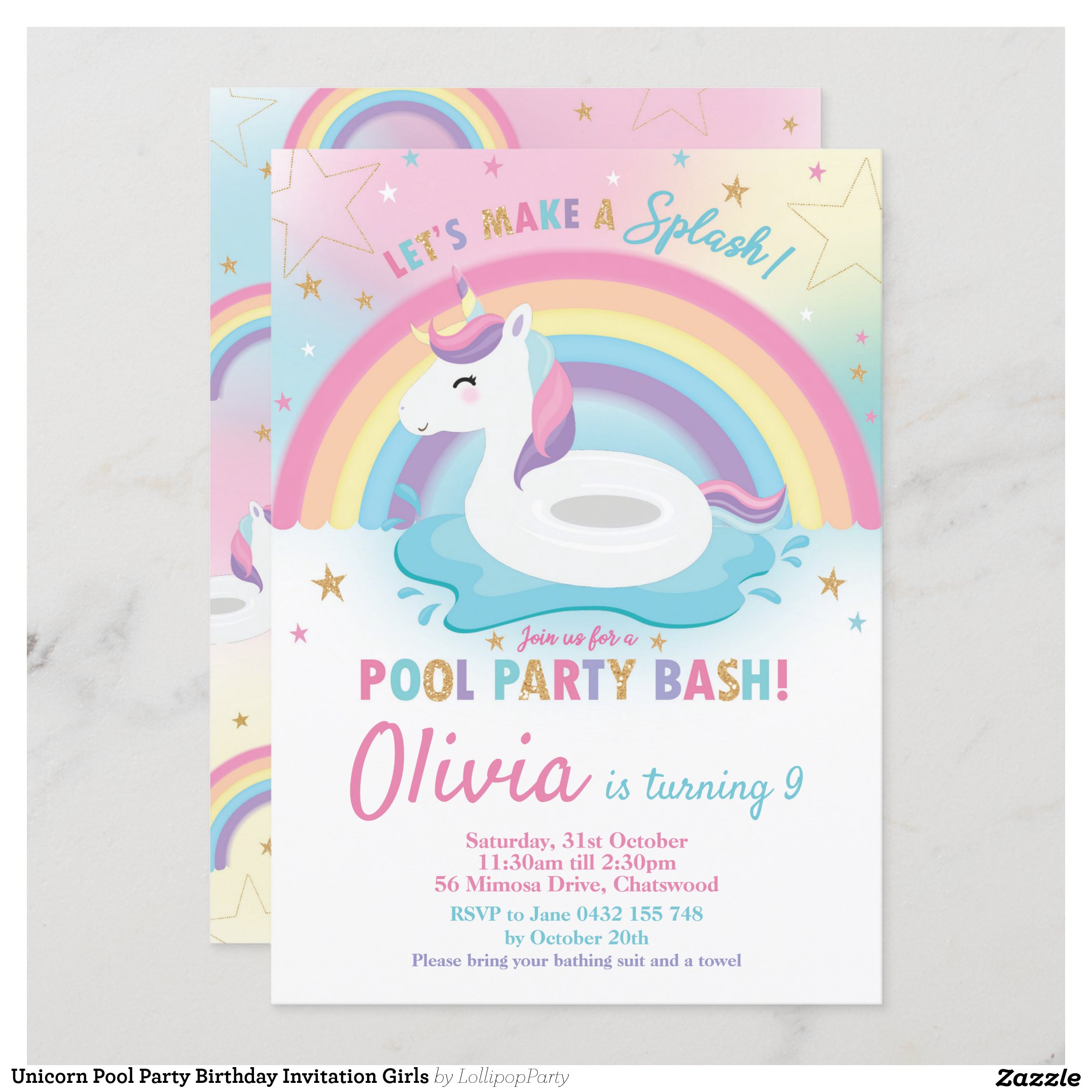 Unicorn Pool Party Birthday Invitation Girls