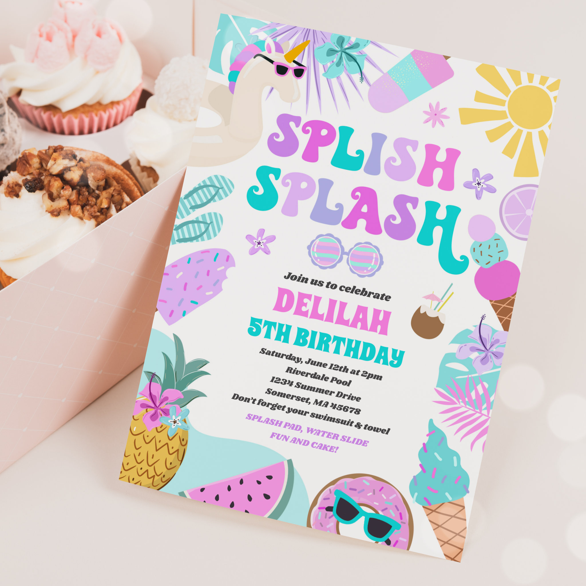 Unicorn Pool Party Tropical Summer Pool Birthday Invitation