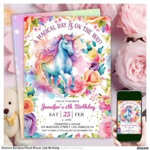 Unicorn Rainbow Floral Bloom 5th Birthday Invitation
