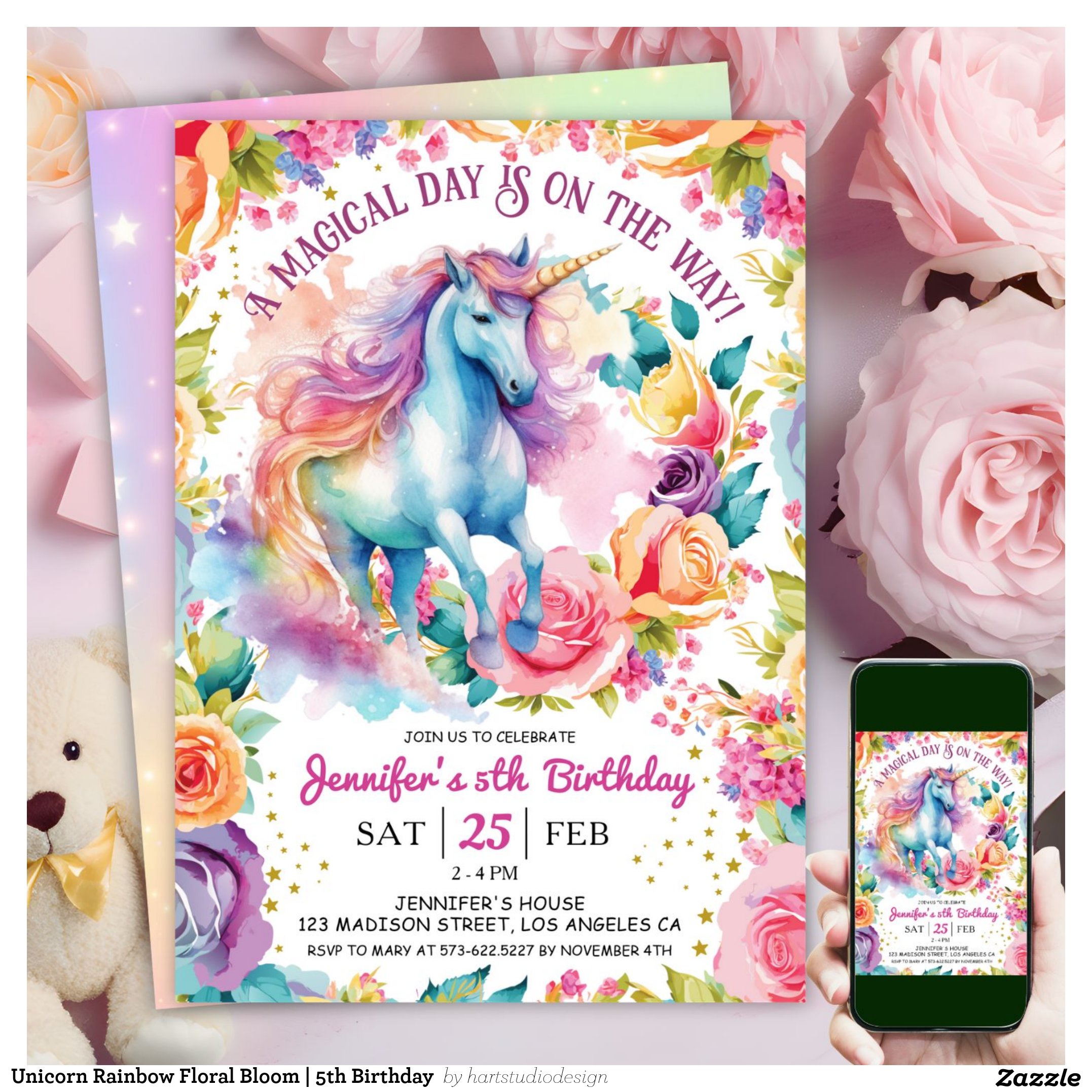 Unicorn Rainbow Floral Bloom 5th Birthday Invitation
